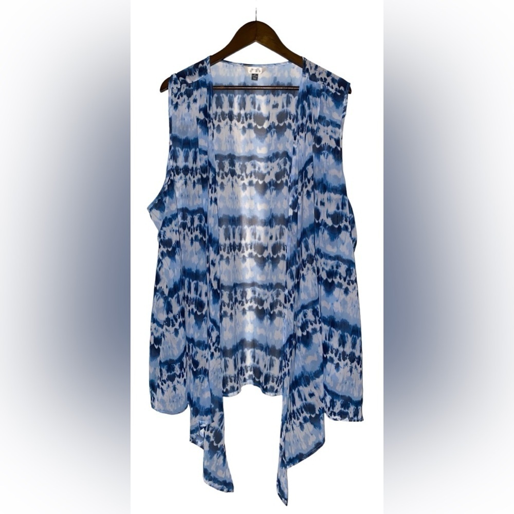 Terra & Sky Women Tie Die Chiffon Flyaway Open Front Vest Cardigan 2X Blue‎ NWT